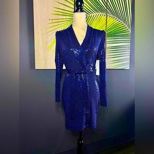 HONEY AND ROSIE Long Sleeve V-Neck Wrap Tie Waist Sequin Dress